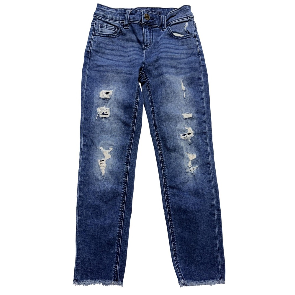 Justice Jeans Girls 10‎ Blue Skinny Slim Medium Wash Distressed Raw Hem Denim